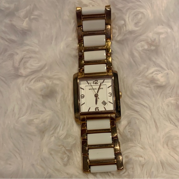 MICHAEL KORS FRENCH ROSE GOLD TONE + WHITE ACRYLIC RECTANGLE WATCH - MK4274 - Picture 1 of 6